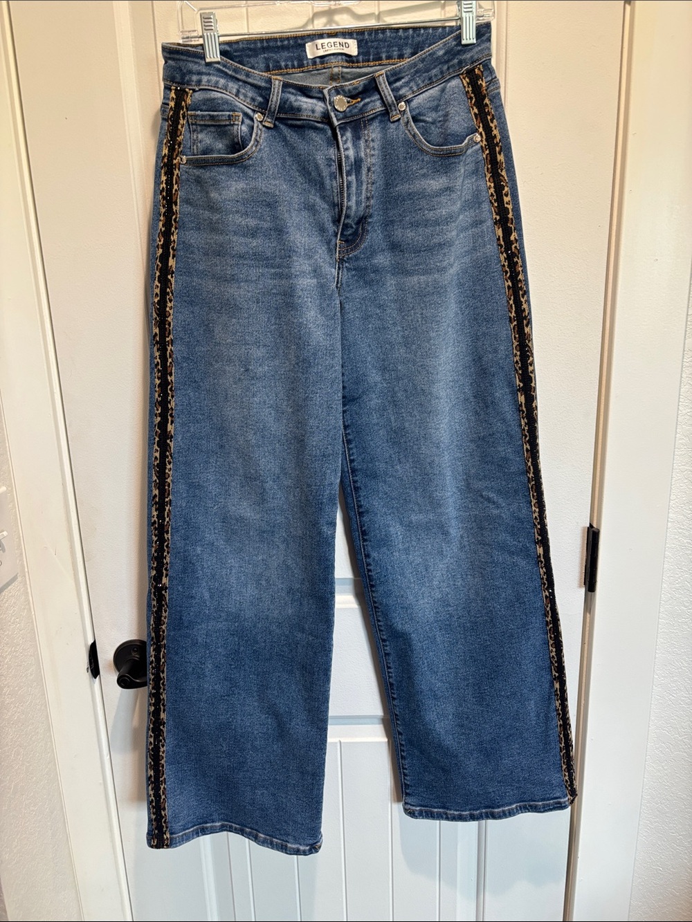 Legend High-Rise Wide-Leg Jeans in Blue with Contrast Side Trim